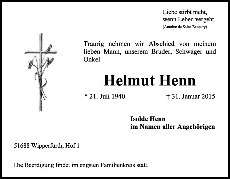  Traueranzeige für Helmut Henn vom 04.02.2015 aus Kölner Stadt-Anzeiger / Kölnische Rundschau / Express