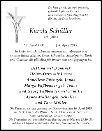 Anzeige von Karola Schüller von Kölner Stadt-Anzeiger / Kölnische Rundschau / Express