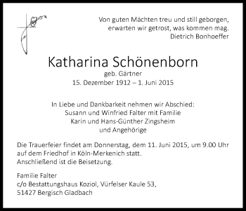 Anzeige von Katharina Schönenborn von Kölner Stadt-Anzeiger / Kölnische Rundschau / Express