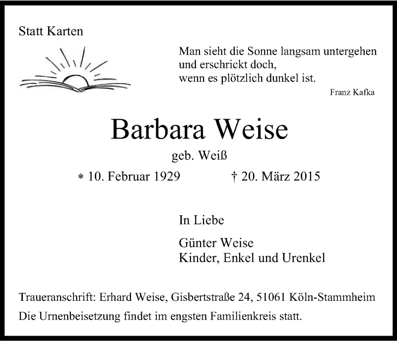  Traueranzeige für Barbara Weise vom 25.03.2015 aus Kölner Stadt-Anzeiger / Kölnische Rundschau / Express