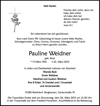 Anzeige von Pauline Weidner von Kölner Stadt-Anzeiger / Kölnische Rundschau / Express