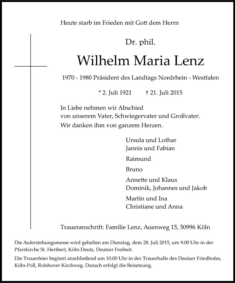  Traueranzeige für Wilhelm Maria Lenz vom 25.07.2015 aus Kölner Stadt-Anzeiger / Kölnische Rundschau / Express