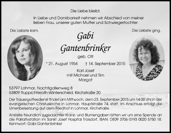 Anzeige von Gabi Gantenbrinker von Kölner Stadt-Anzeiger / Kölnische Rundschau / Express