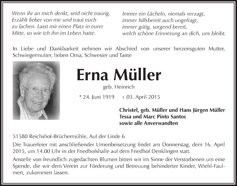  Traueranzeige für Erna Müller vom 15.04.2015 aus  Lokalanzeiger 