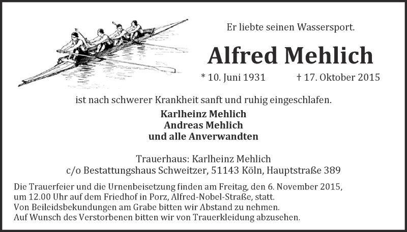 Traueranzeige für Alfred Mehlich vom 04.11.2015 aus  Kölner Wochenspiegel 
