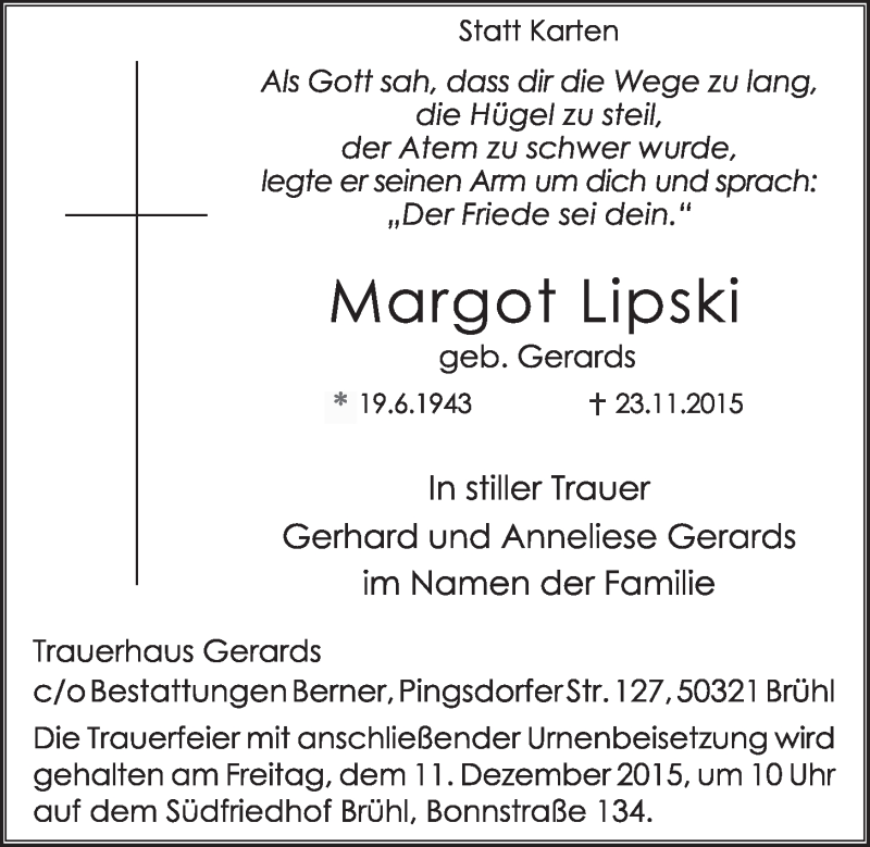  Traueranzeige für Margot Lipski vom 09.12.2015 aus  Schlossbote/Werbekurier 