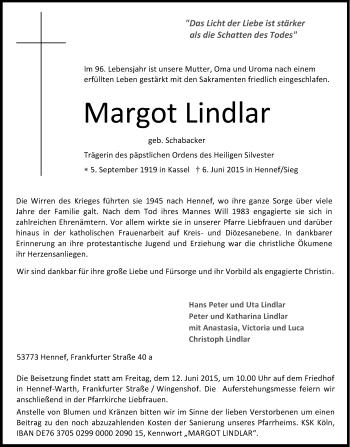 Anzeige von Margot Lindlar von Kölner Stadt-Anzeiger / Kölnische Rundschau / Express