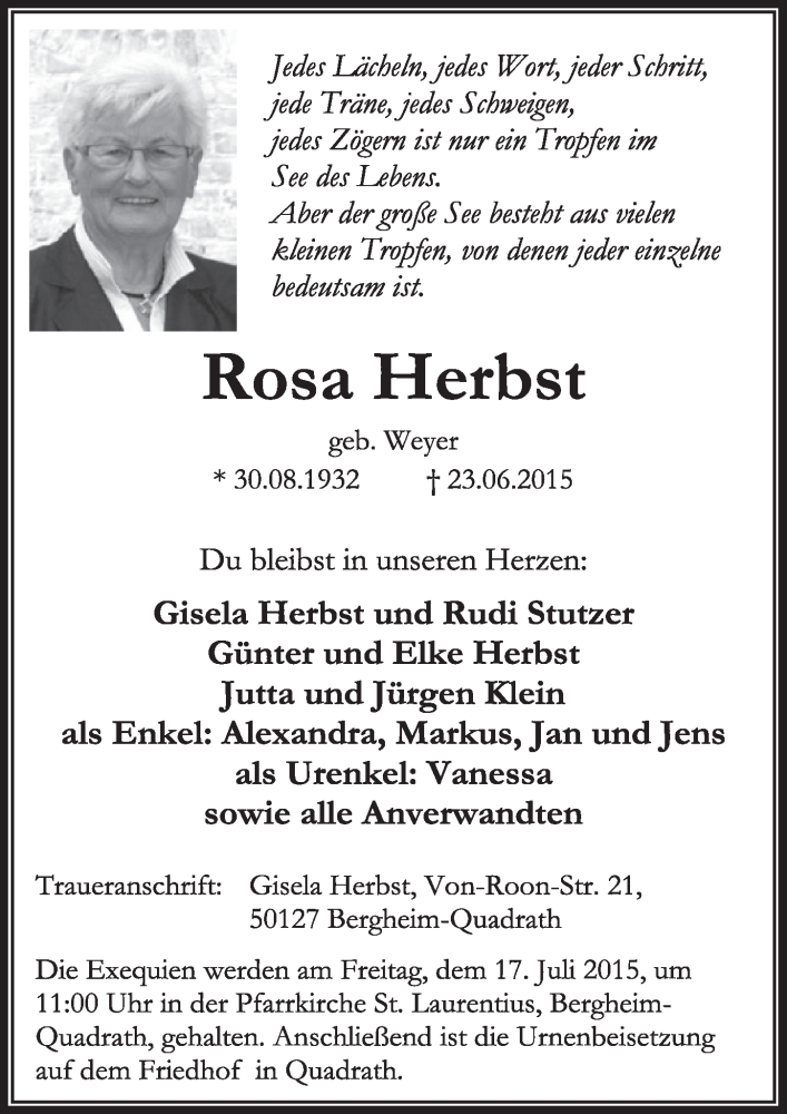  Traueranzeige für Rosa Herbst vom 11.07.2015 aus  Sonntags-Post 