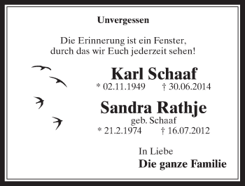 Anzeige von Sandra Rathje von  Wochenende 