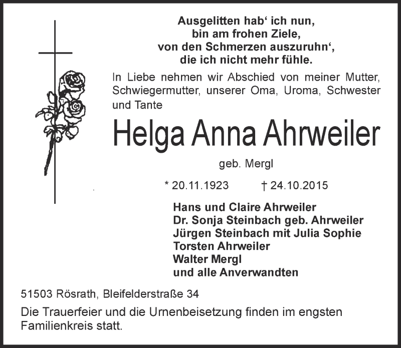  Traueranzeige für Helga Anna Ahrweiler vom 04.11.2015 aus  Kölner Wochenspiegel 