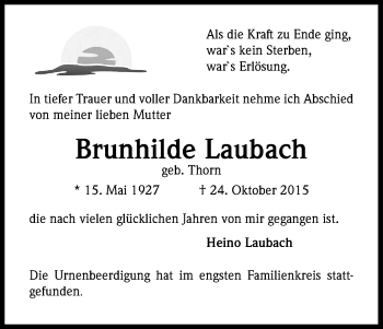 Anzeige von Brunhilde Laubach von Kölner Stadt-Anzeiger / Kölnische Rundschau / Express