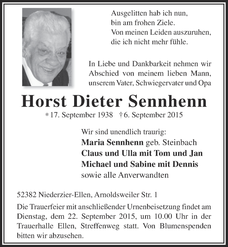 Traueranzeige für Horst Dieter Sennhenn vom 12.09.2015 aus  Bergisches Sonntagsblatt 