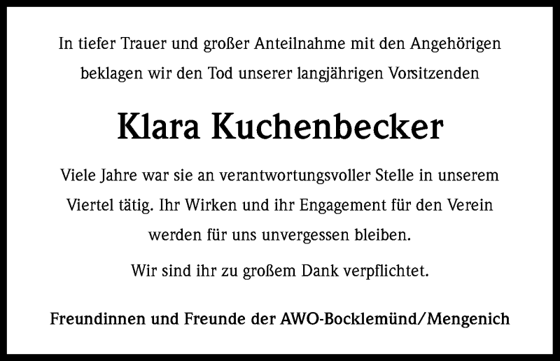  Traueranzeige für Klara Kuchenbecker vom 17.10.2015 aus Kölner Stadt-Anzeiger / Kölnische Rundschau / Express