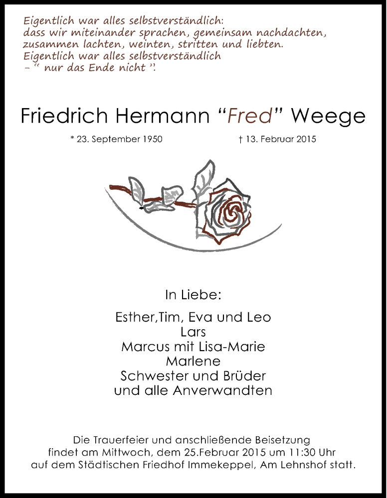  Traueranzeige für Friedrich Hermann Weege vom 21.02.2015 aus Kölner Stadt-Anzeiger / Kölnische Rundschau / Express
