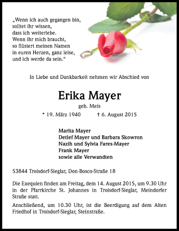 Anzeige von Erika Mayer von Kölner Stadt-Anzeiger / Kölnische Rundschau / Express