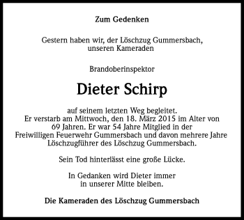 Anzeige von Dieter Schirp von Kölner Stadt-Anzeiger / Kölnische Rundschau / Express
