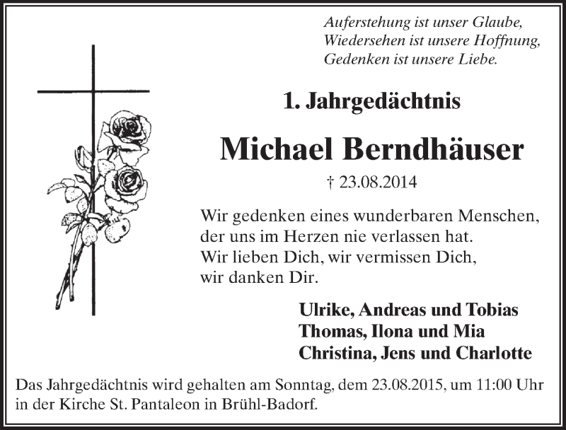  Traueranzeige für Michael Berndhäuser vom 19.08.2015 aus  Kölner Wochenspiegel  Schlossbote/Werbekurier 