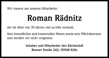 Anzeige von Roman Rädnitz von Kölner Stadt-Anzeiger / Kölnische Rundschau / Express