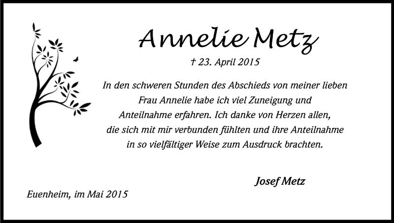  Traueranzeige für Annelie Metz vom 27.05.2015 aus Kölner Stadt-Anzeiger / Kölnische Rundschau / Express