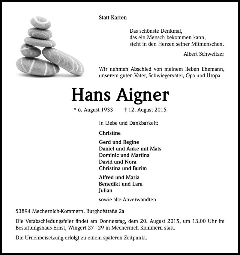 Traueranzeige für Hans Aigner vom 15.08.2015 aus Kölner Stadt-Anzeiger / Kölnische Rundschau / Express