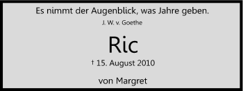 Anzeige von Ric Hofknecht von Kölner Stadt-Anzeiger / Kölnische Rundschau / Express