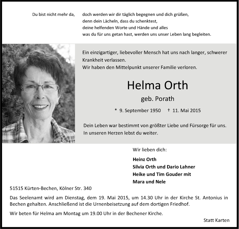  Traueranzeige für Helma Orth vom 14.05.2015 aus Kölner Stadt-Anzeiger / Kölnische Rundschau / Express