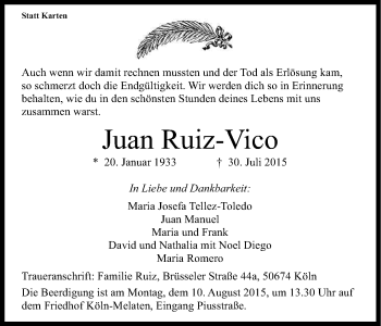 Anzeige von Juan Ruiz-Vico von Kölner Stadt-Anzeiger / Kölnische Rundschau / Express