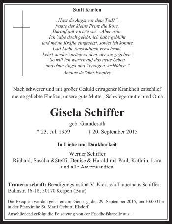 Anzeige von Gisela Schiffer von  Werbepost 