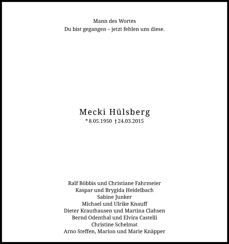  Traueranzeige für Mecki Hülsberg vom 04.04.2015 aus Kölner Stadt-Anzeiger / Kölnische Rundschau / Express