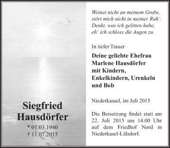 Anzeige von Siegfried Hausdörfer von  Rhein-Sieg-Wochenende 