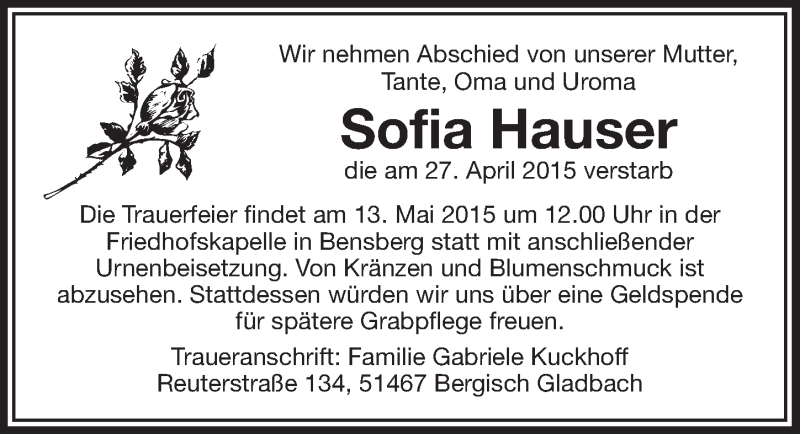  Traueranzeige für Sofia Hauser vom 06.05.2015 aus  Bergisches Handelsblatt 