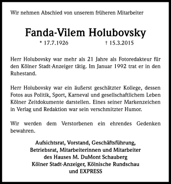 Anzeige von Fanda-Vilem Holubovsky von Kölner Stadt-Anzeiger / Kölnische Rundschau / Express