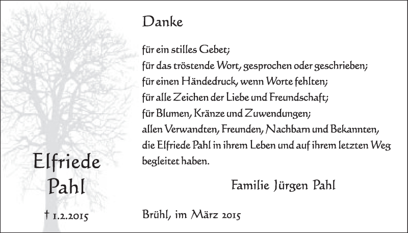  Traueranzeige für Elfried Pahl vom 04.03.2015 aus  Schlossbote/Werbekurier 