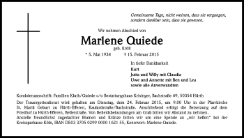 Anzeige von Marlene Quiede von Kölner Stadt-Anzeiger / Kölnische Rundschau / Express