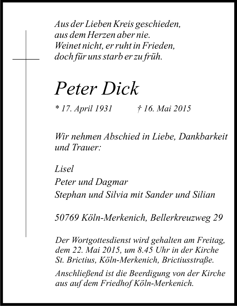  Traueranzeige für Peter Dick vom 20.05.2015 aus Kölner Stadt-Anzeiger / Kölnische Rundschau / Express