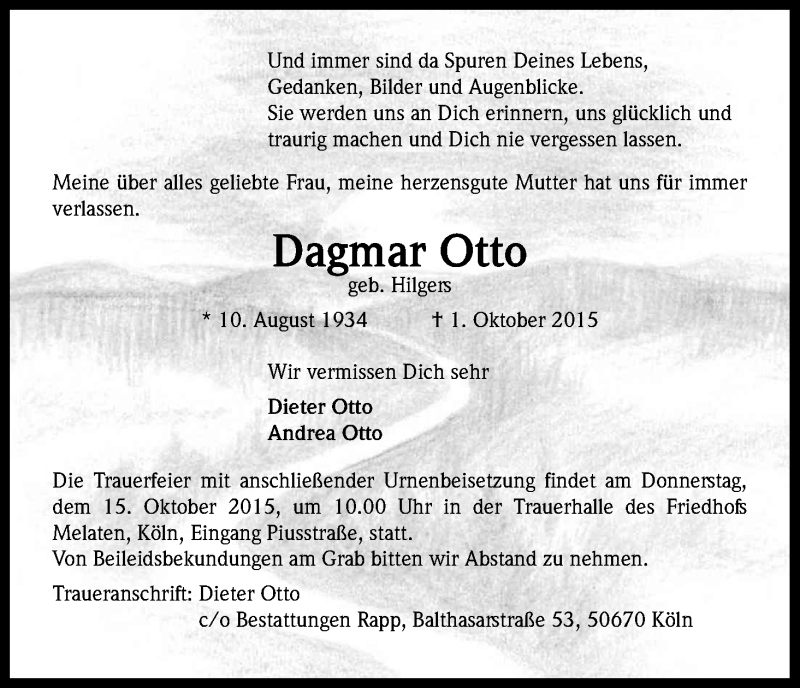  Traueranzeige für Dagmar Otto vom 10.10.2015 aus Kölner Stadt-Anzeiger / Kölnische Rundschau / Express