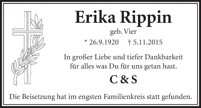  Traueranzeige für Erika Rippin vom 09.12.2015 aus  Schlossbote/Werbekurier 
