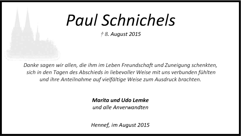  Traueranzeige für Paul Schnichels vom 05.09.2015 aus Kölner Stadt-Anzeiger / Kölnische Rundschau / Express
