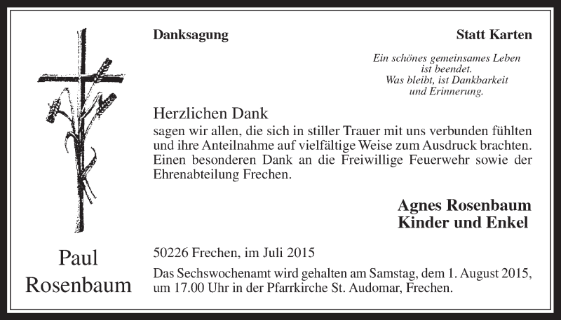  Traueranzeige für Paul Rosenbaum vom 22.07.2015 aus  Wochenende 