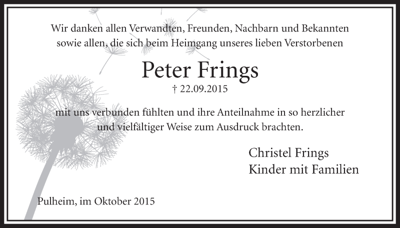  Traueranzeige für Peter Frings vom 17.10.2015 aus  Sonntags-Post 