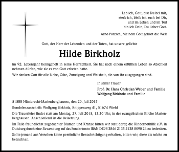 Anzeige von Hilde Birkholz von Kölner Stadt-Anzeiger / Kölnische Rundschau / Express