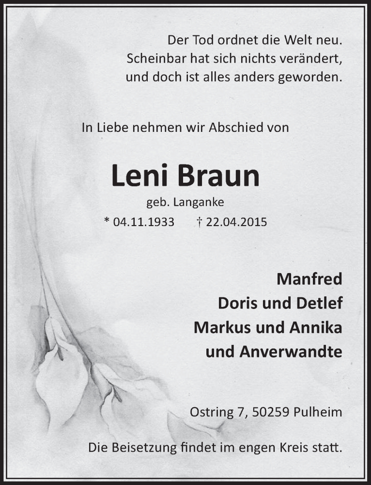  Traueranzeige für Leni Braun vom 25.04.2015 aus  Sonntags-Post 