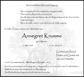 Anzeige von Annegret Krumme von Kölner Stadt-Anzeiger / Kölnische Rundschau / Express