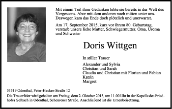 Anzeige von Doris Wittgen von Kölner Stadt-Anzeiger / Kölnische Rundschau / Express