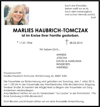 Anzeige von Marlies Haubrich-Tomczak von Kölner Stadt-Anzeiger / Kölnische Rundschau / Express