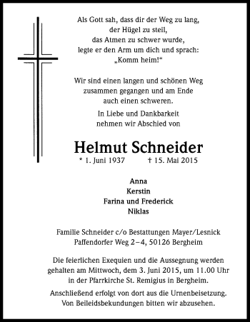 Anzeige von Helmut Schneider von Kölner Stadt-Anzeiger / Kölnische Rundschau / Express