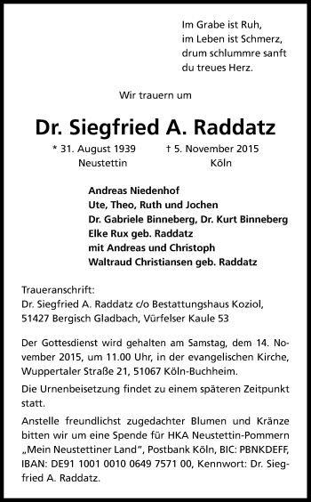 Anzeige von Siegfried Raddatz von Kölner Stadt-Anzeiger / Kölnische Rundschau / Express