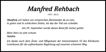 Anzeige von Manfred Rehbach von Kölner Stadt-Anzeiger / Kölnische Rundschau / Express