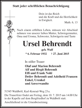 Anzeige von Ursel Behrendt von  Lokalanzeiger 