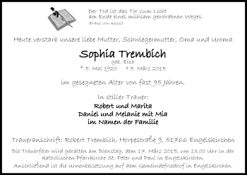 Anzeige von Sophia Trembich von Kölner Stadt-Anzeiger / Kölnische Rundschau / Express